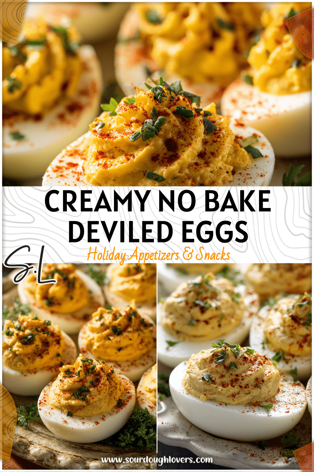 Golden deviled eggs garnished with paprika and herbs on a festive Thanksgiving plate. 2